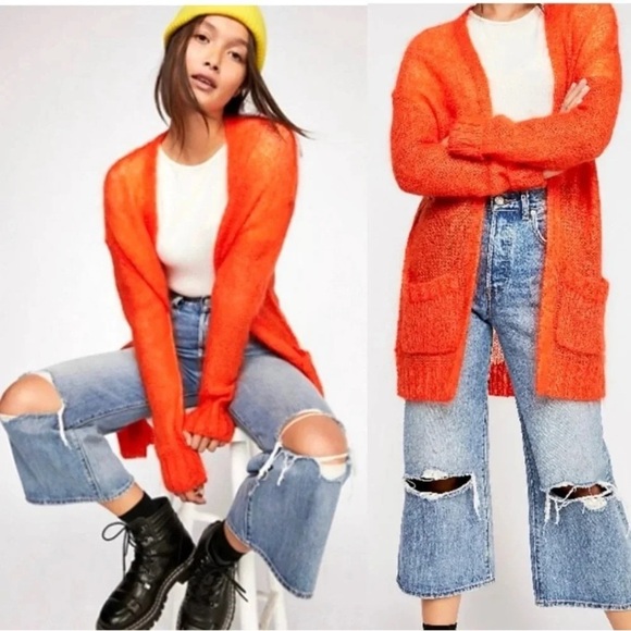 New Free People Mohair Vibrant Orange Cardigan - Picture 1 of 7